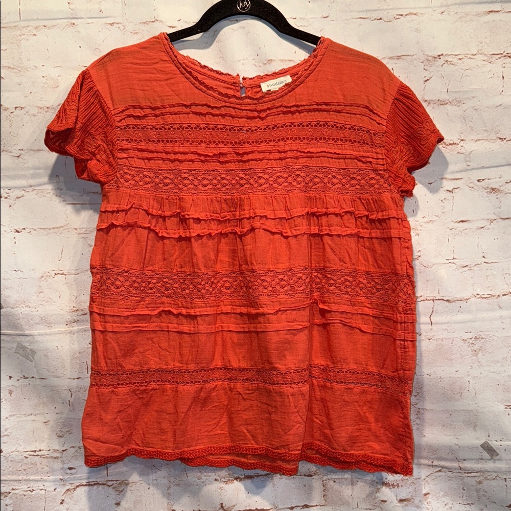 Sundance Aria Blouse Embroidered Lace Panels xs ruffles cotton short sleeve